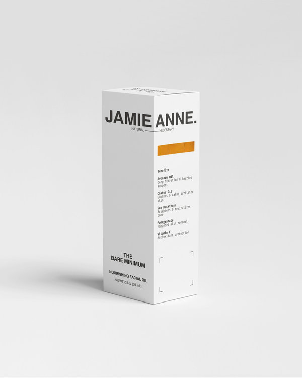 Front box packaging of JAMIE ANNE The Bare Minimum Nourishing Facial Oil showing product benefits