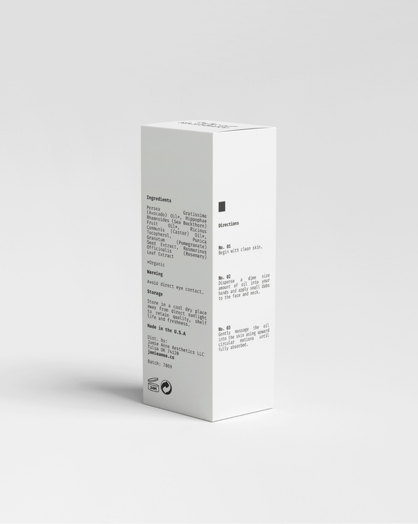 Box packaging of JAMIE ANNE The Bare Minimum Facial Oil showing the printed ingredients and directions