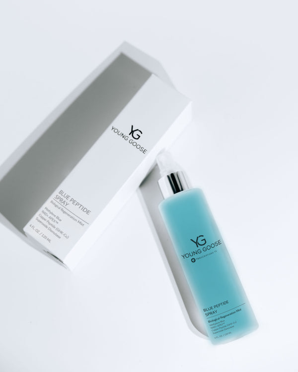 Box and bottle of Young Goose Blue Peptide Spray on a white background
