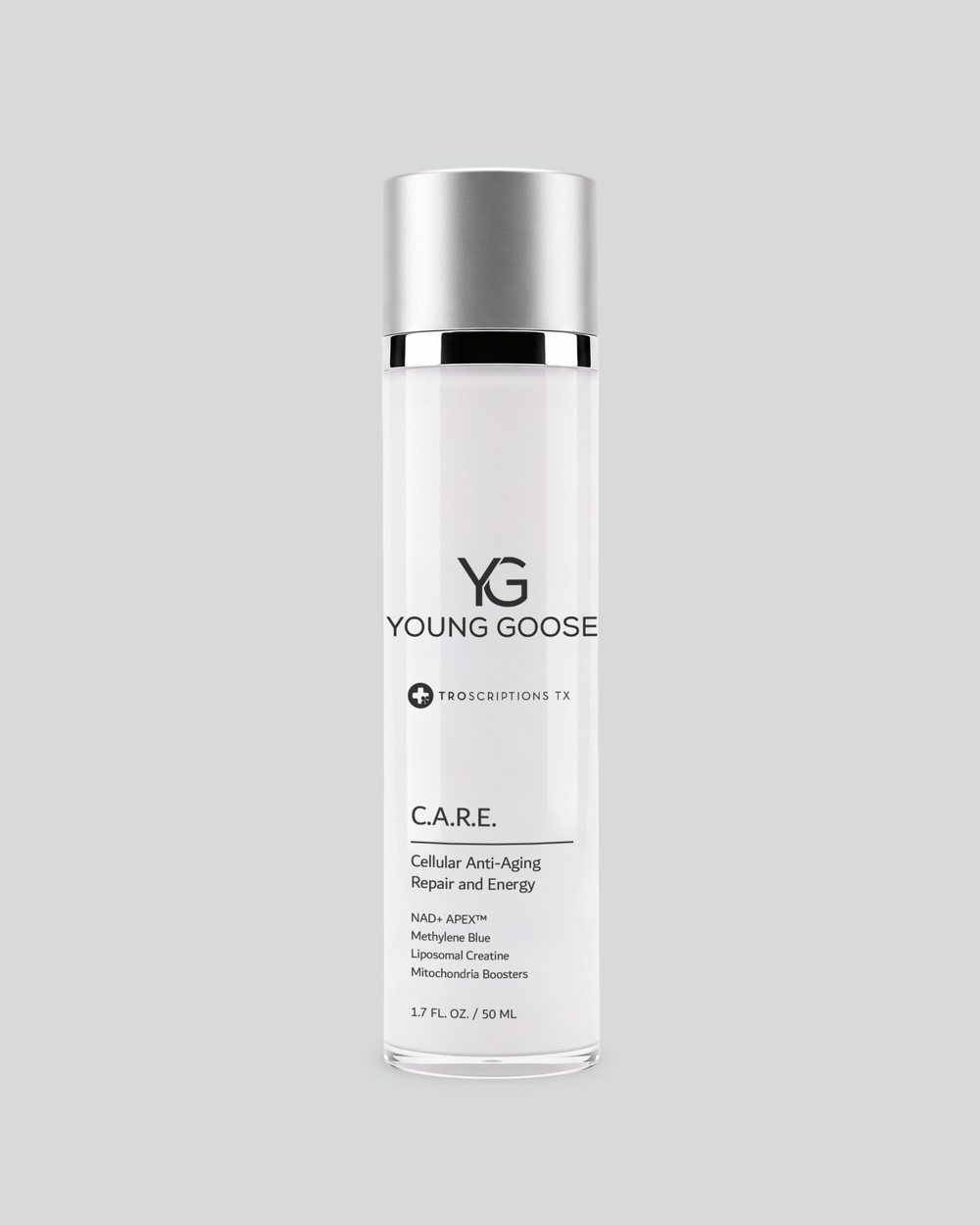 A bottle of Young Goose C.A.R.E. (CARE) Cellular Anti-Aging Repair and Energy Moisturizer in 50 ML size