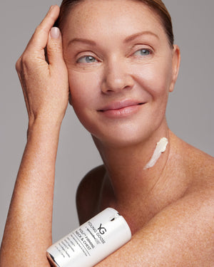 Model with Young Goose Youth Firming Neck and Chest Cream product on her neck #15ml #50ml